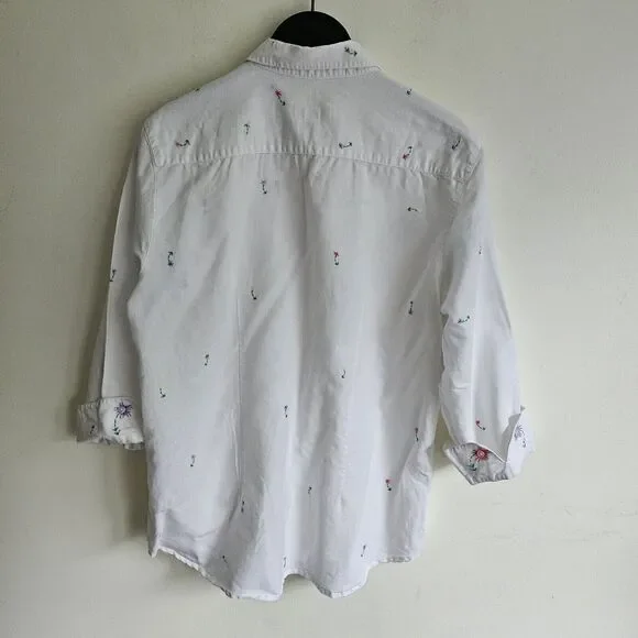 Vintage Talbots White Linen Blend Floral Embroidered Button Up Shirt. 3/4 Sleeve - Picture 3 of 10